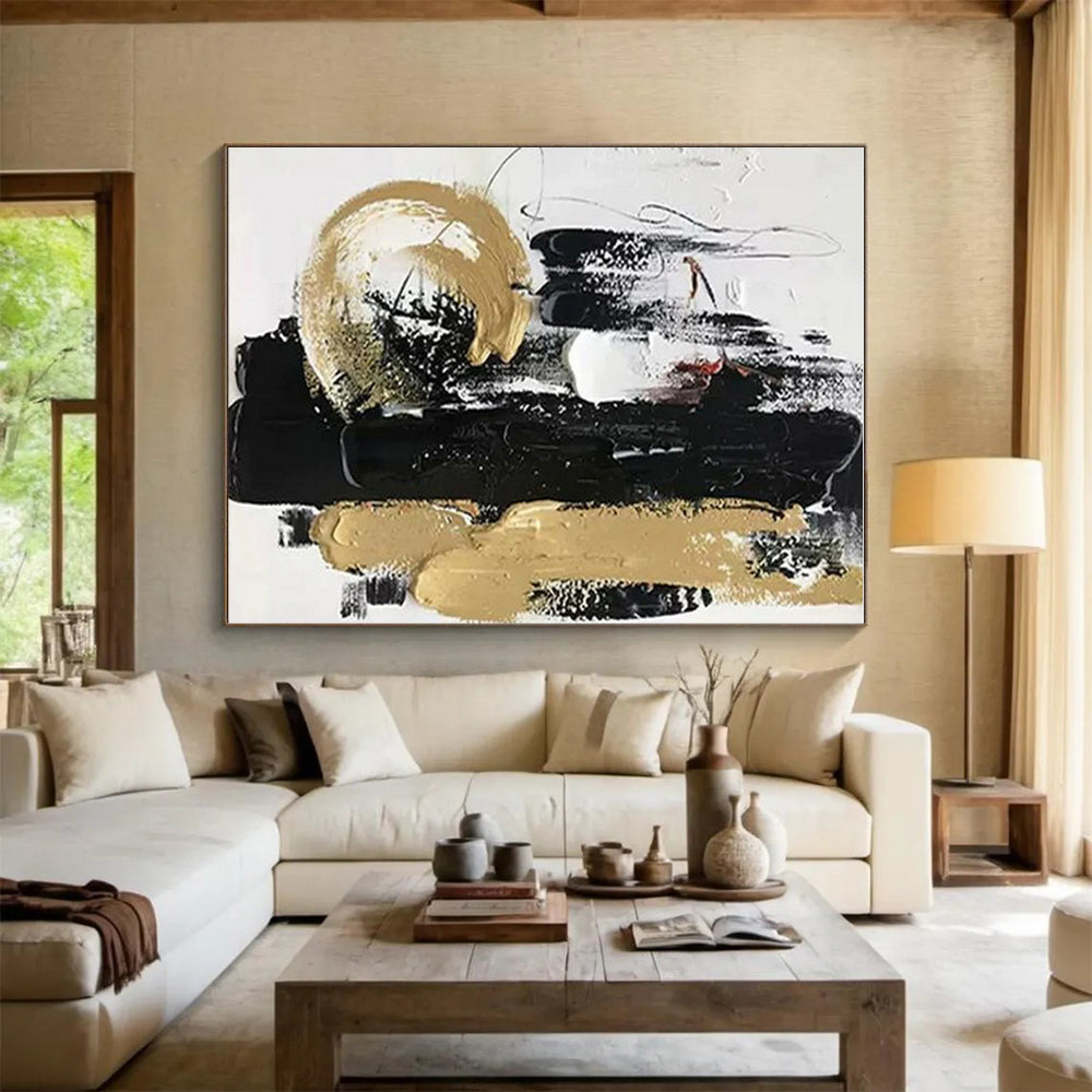 Acrylic Modern Art Paintings Black, Gold & White Textured Abstract Art HS377