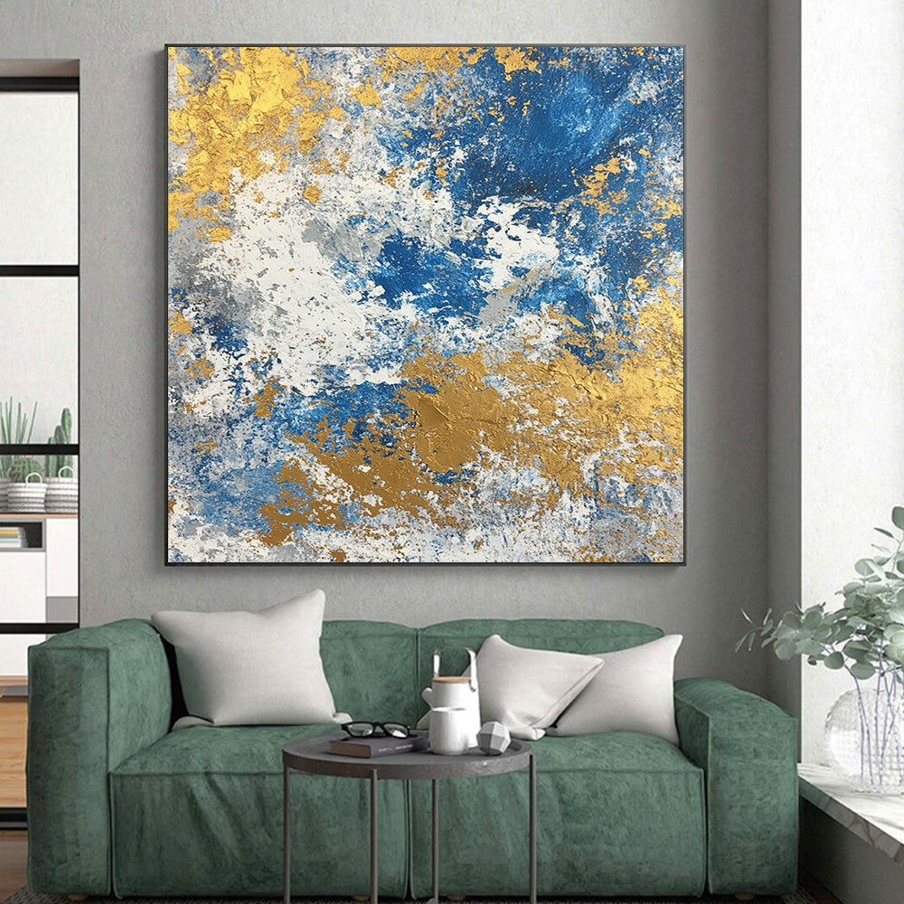 Huge Size Blue, White, and Gold Abstract Textured Painting For Sale HS117
