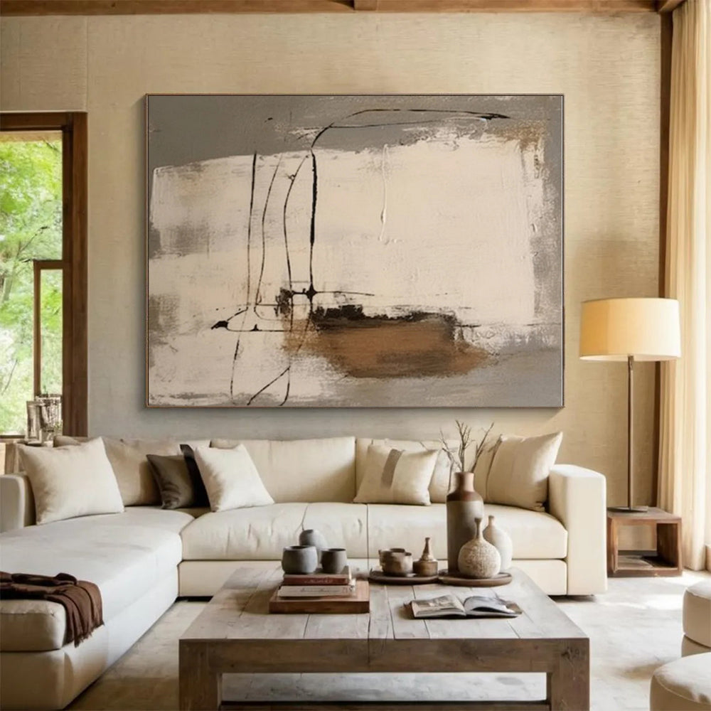 Hand Painting with Gray, Beige, Black and Brown Colors, Abstract Geometric Theme HS483