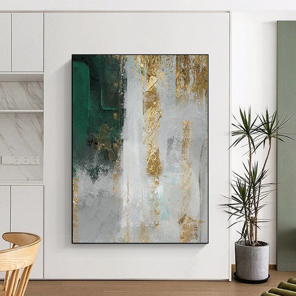Large Size Green, Gold, and Gray Abstract Textured Painting For Sale HS085