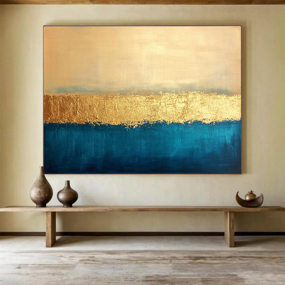 Horizontal Blue, Gold, and Beige Textured Abstract Art WB270
