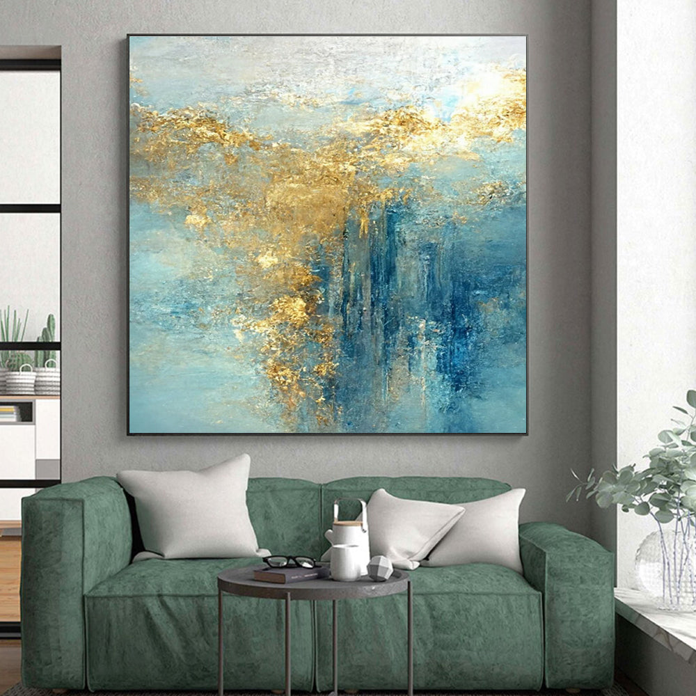 Hand-Painted Blue & Gold Textured Abstract, Large Contemporary Wall Art HS227