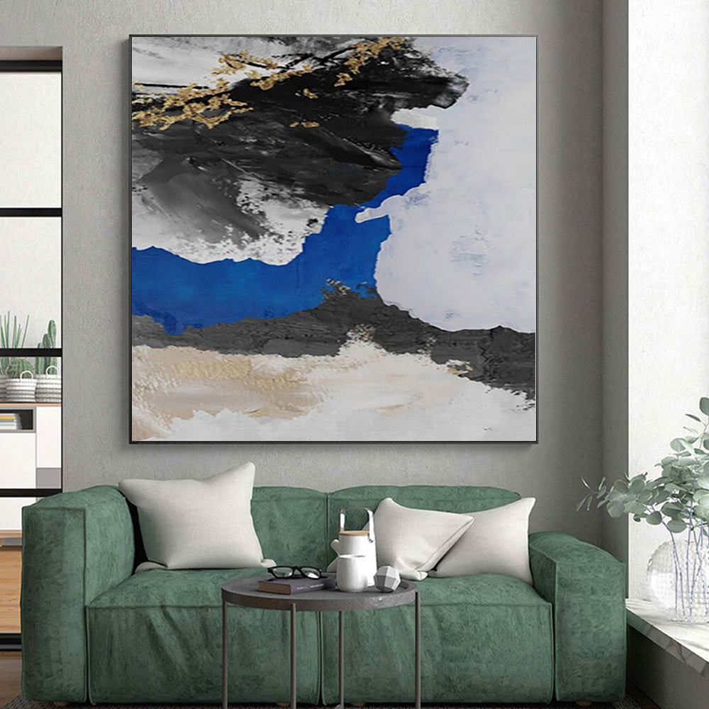 Hand-Painted Black, White, Blue, and Gold Abstract Textured Painting For Sale HS052