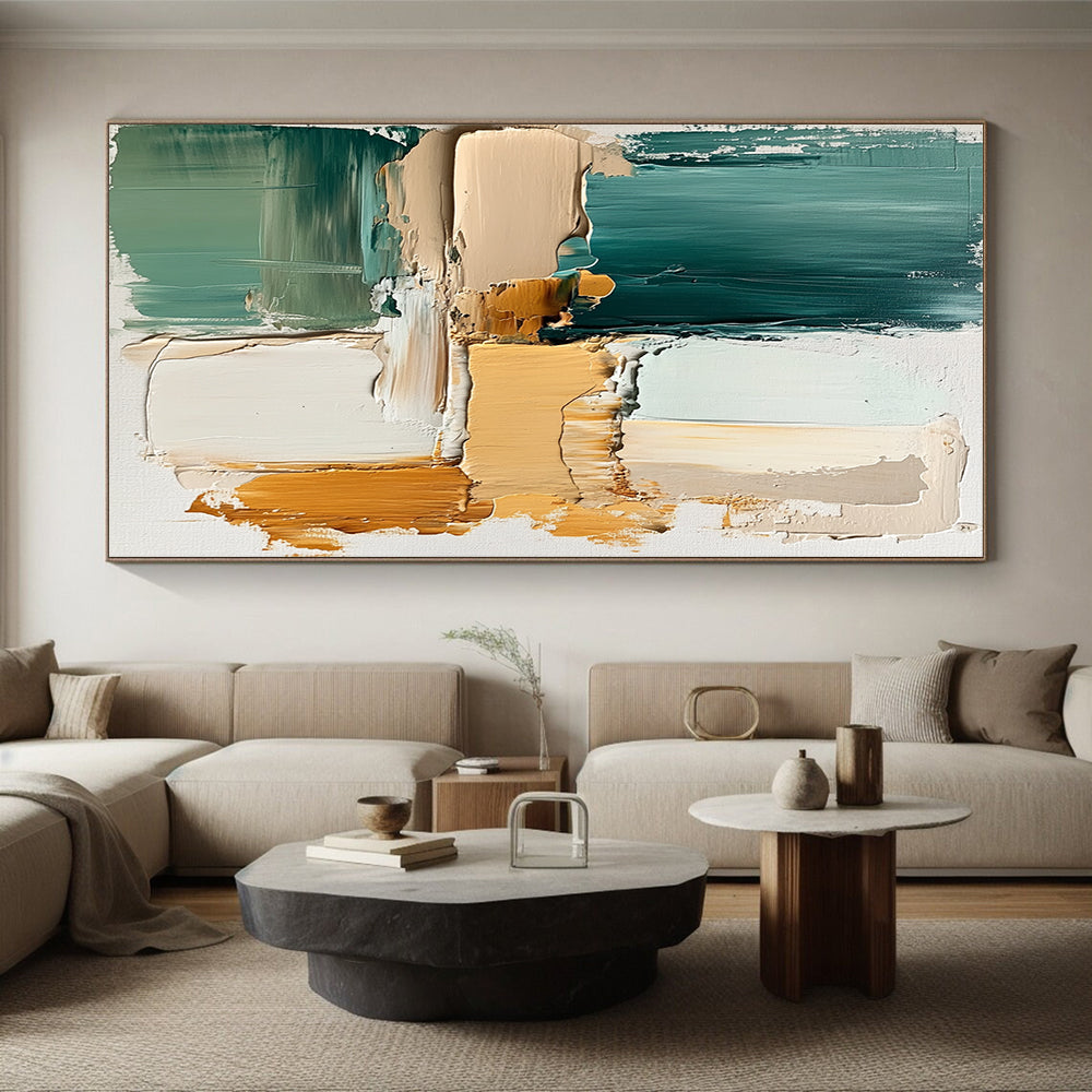 Hand Painted Art Teal and Neutral Geometric Abstract Painting HS173