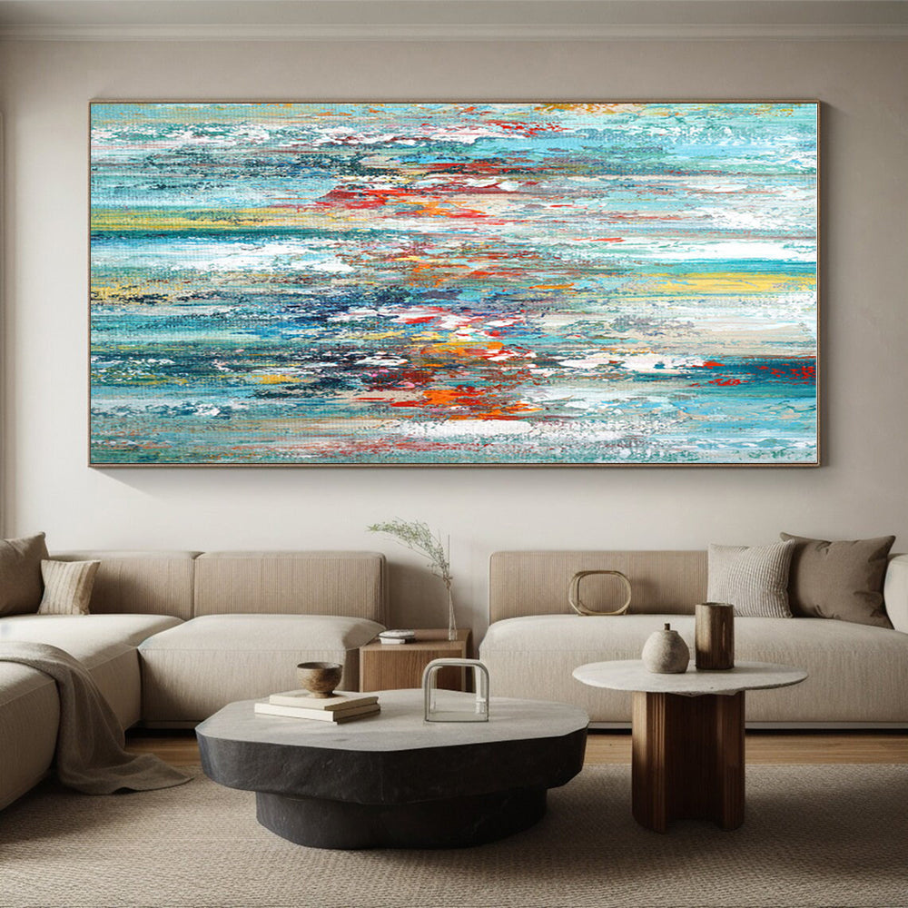Hand-Painted Turquoise, Red & Yellow Abstract Vertical Strokes Art HS381