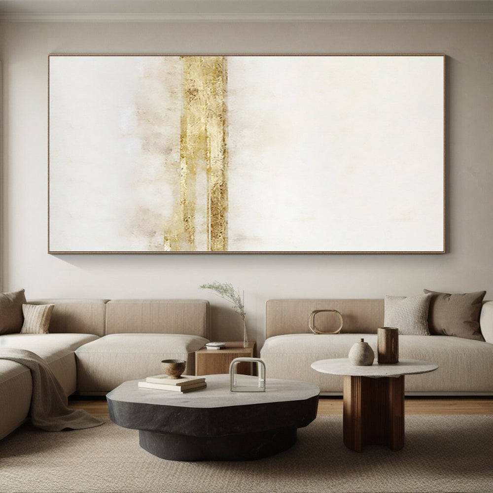 Hand-Painted White and Gold Abstract Minimalist Painting For Sale HS091