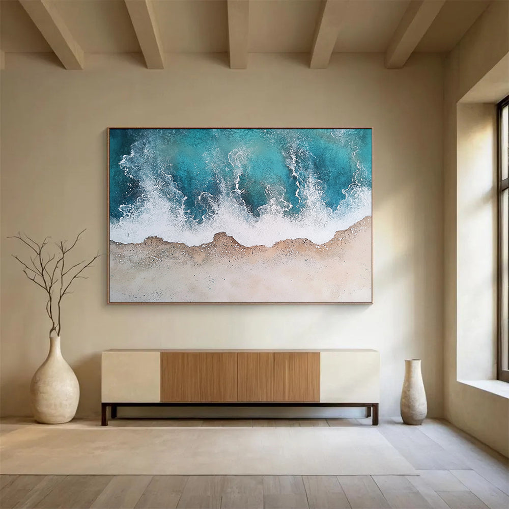 Big Size Teal, White, and Beige Textured Abstract Seashore - Acrylic Painting WB290