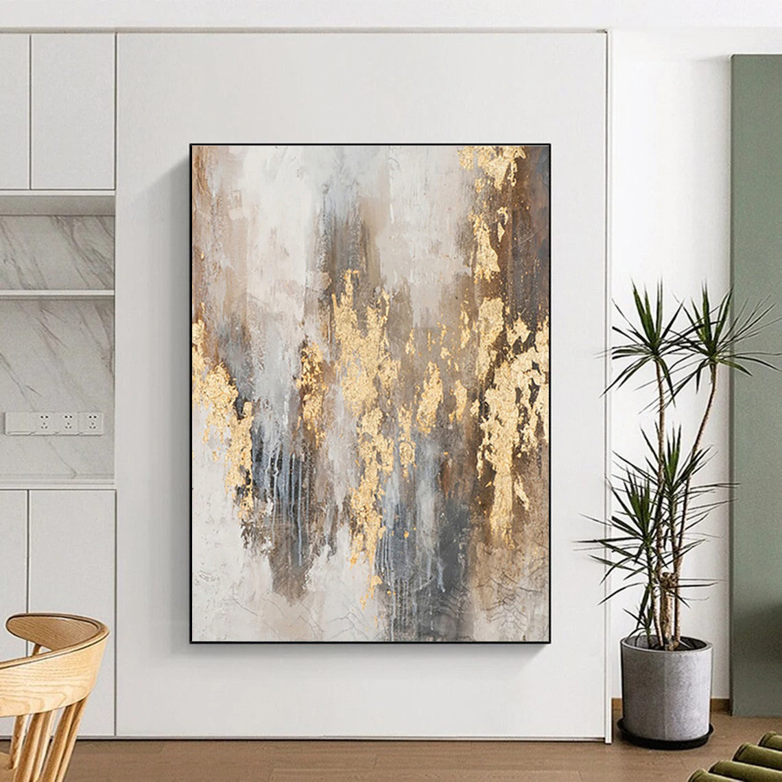 Large Size Acrylic Modern Art Paintings with Gold, Gray, Brown Textures - Oversized Abstract Wall Art HS503