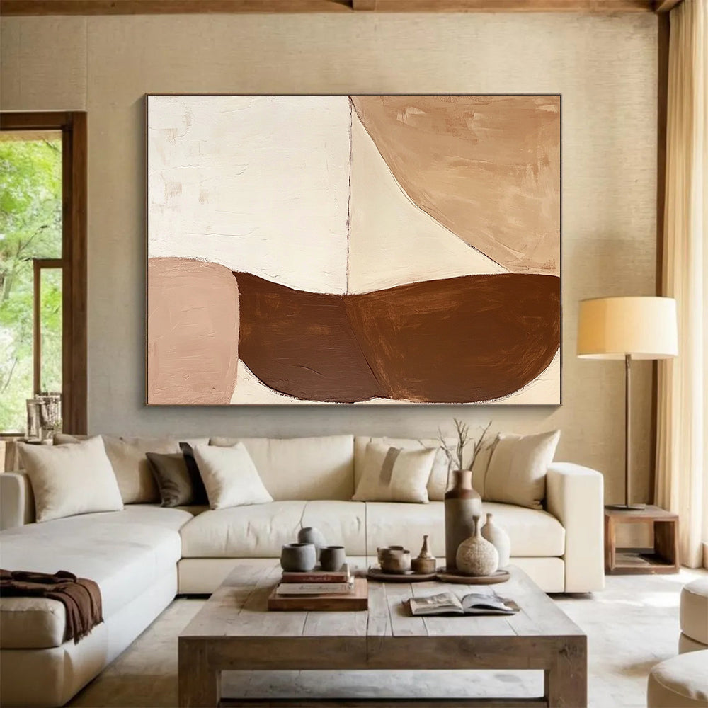 Hand-Painted Beige and Brown Abstract Shape Painting For Sale HS129