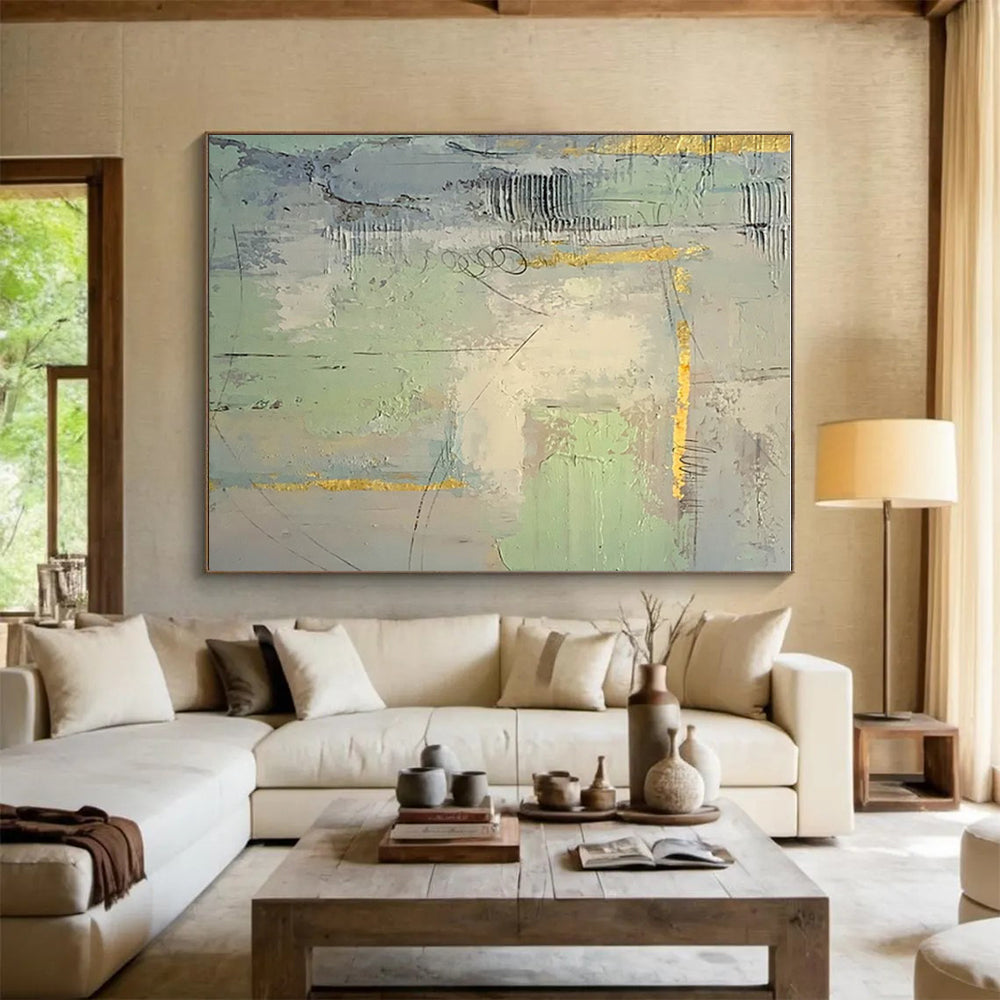 Hand-Painted Green, Gray & Gold Textured Abstract, Acrylic Modern Art Painting HS426