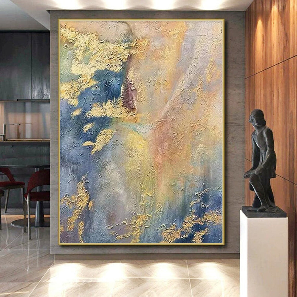 Hand Painted Art with Gold, Blue, Yellow, Gray Textures - Acrylic Modern Art Paintings for House HS507