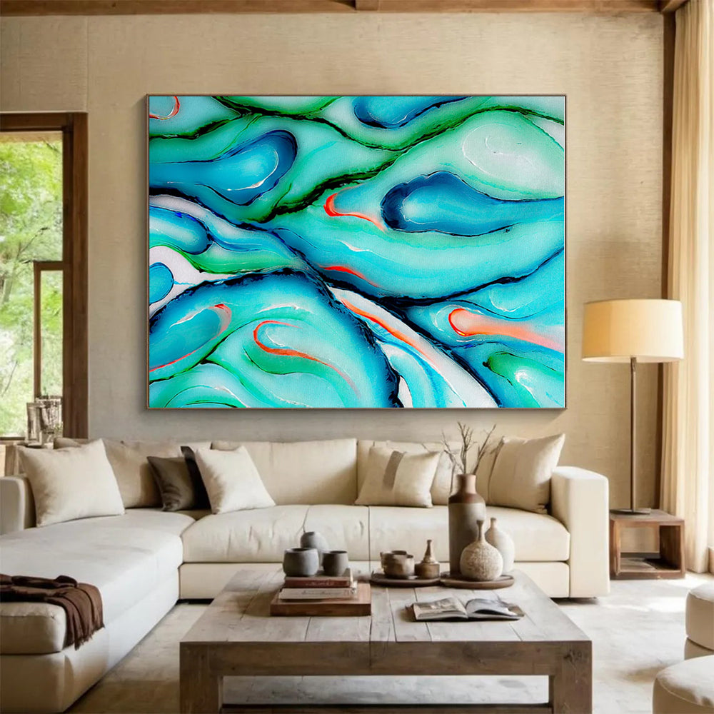Unique Abstract Art Teal, Green, and Orange Fluid Abstract Art HS724