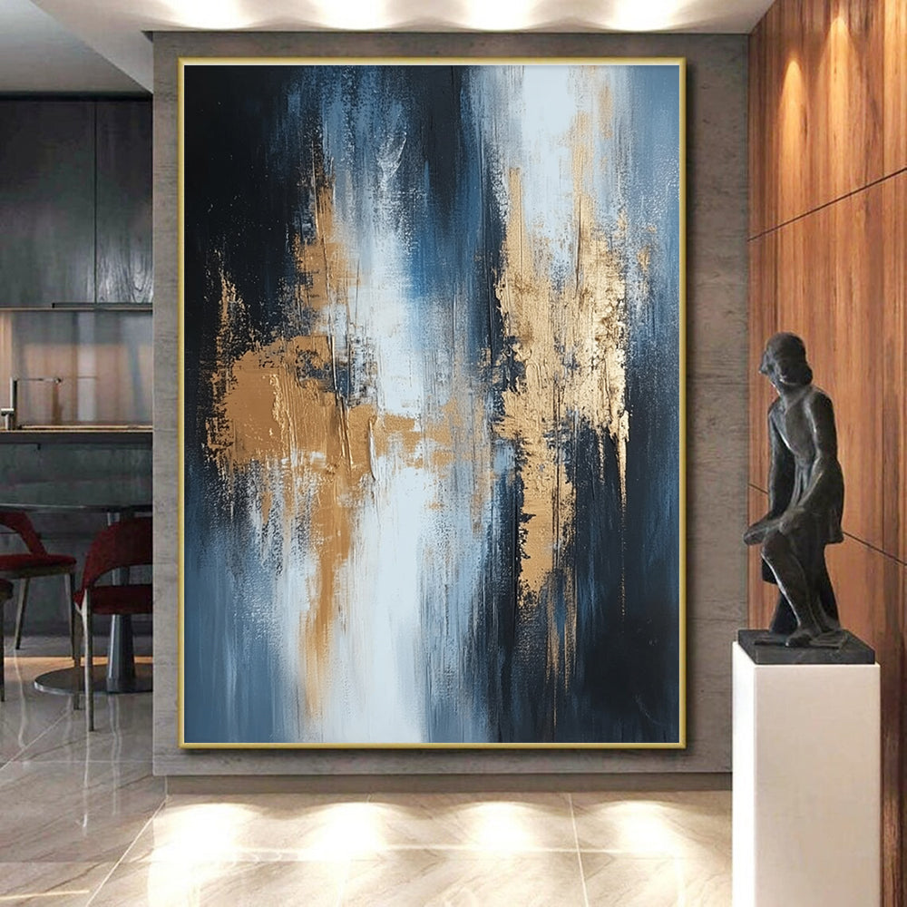 Large Size Blue, Black, and Gold Abstract Textured Painting For Sale HS115
