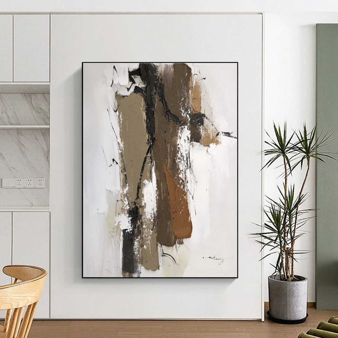Hand Painting with Brown, Beige, Black and White Colors, Textured Abstract Theme HS467