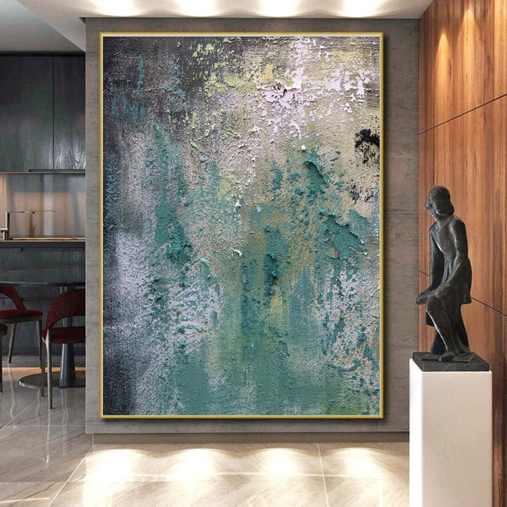 Hand Painted Art with Textured Teal, Gray, Beige - Cool Abstract Paintings for House HS504