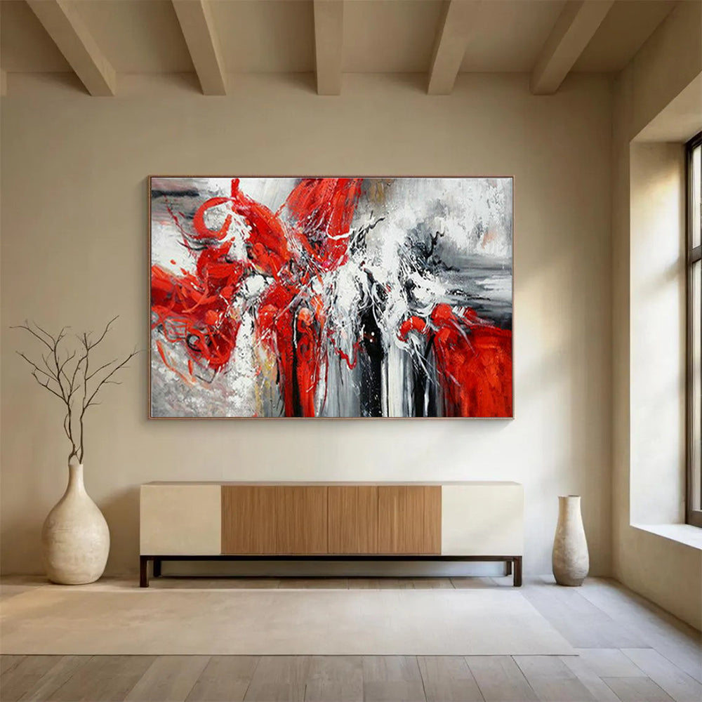 Modern Art Abstract Paintings with Red, White, Black and Gray Colors, Energetic Abstract Theme WB330