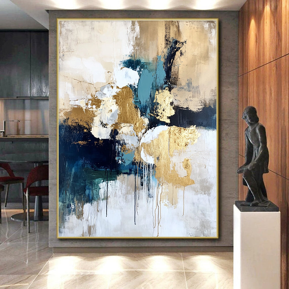 Large Contemporary Wall Art Multicolor Abstract Shape Painting with Gold Accents For Sale HS165