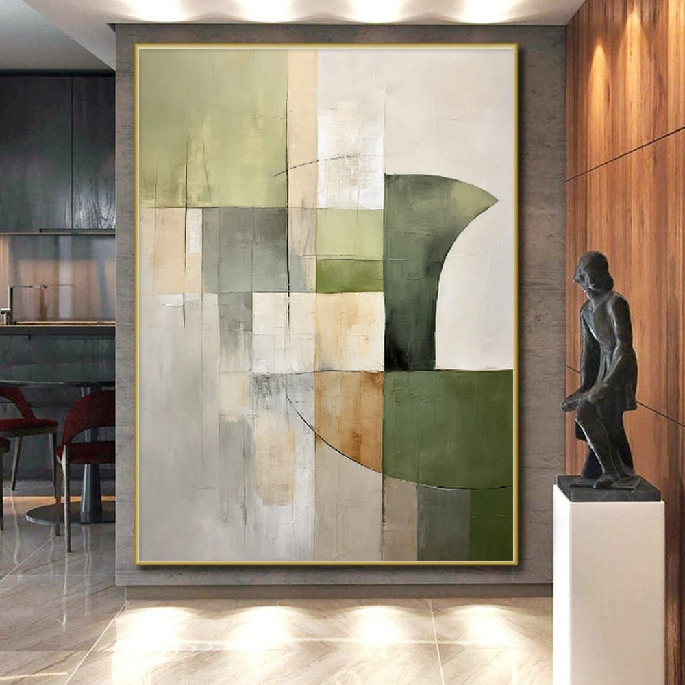 Acrylic Modern Art Paintings Green, Beige, and Gray Geometric Abstract Painting On Canvas HS780
