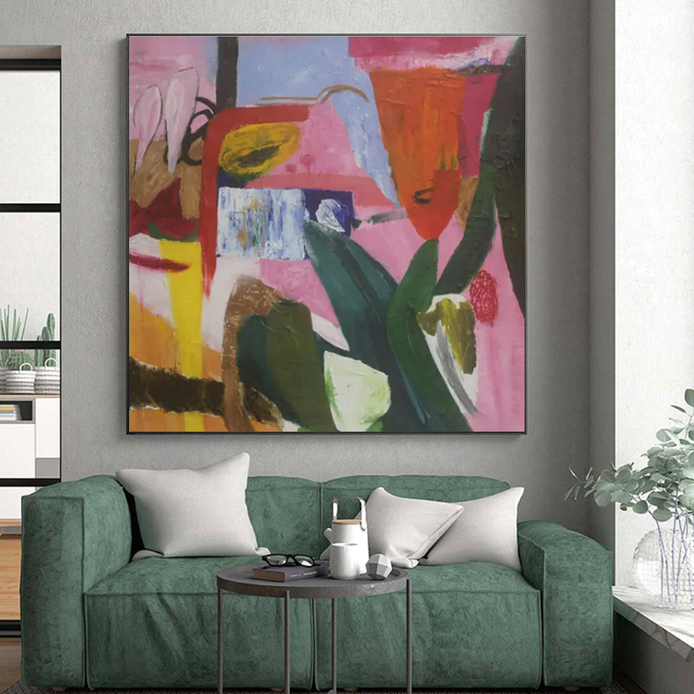 Cool Abstract Paintings Pink, Orange, and Green Dynamic Abstract Painting On Canvas HS775