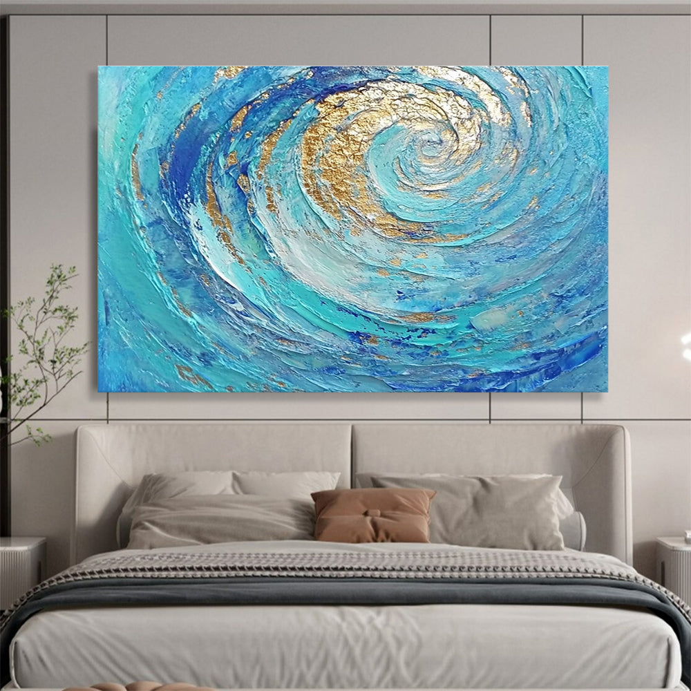 Oversized Canvas Art in Blue and Gold Textured Spiral Abstract Style WB257