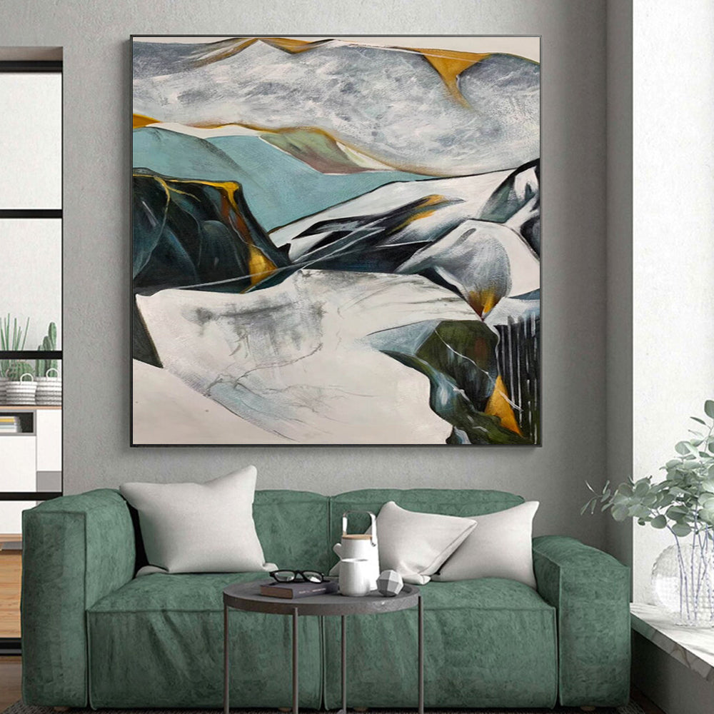 Hand-Painted Teal, Gray & Yellow Abstract Mountain Landscape Art HS401
