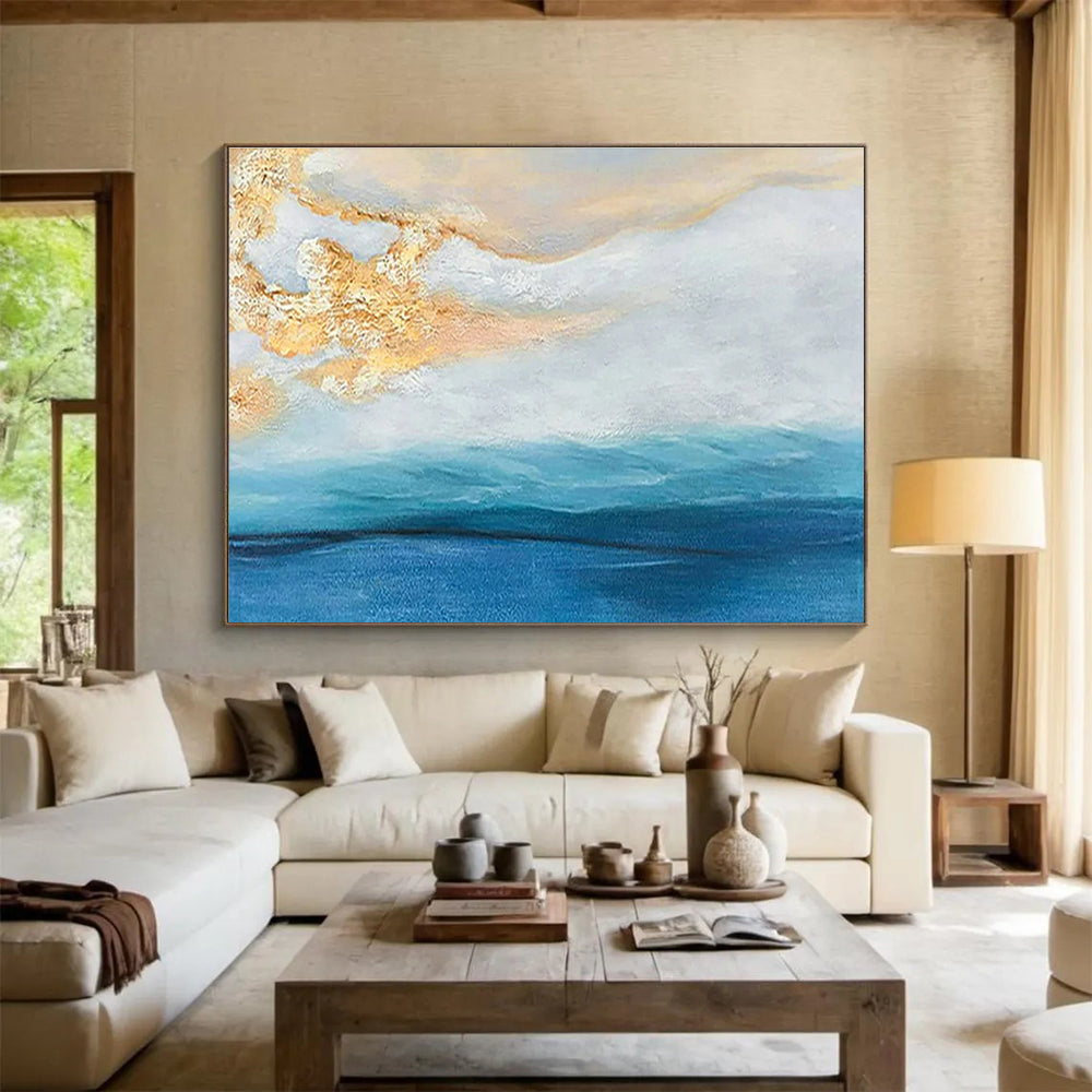 Contemporary Abstract Painting: Blue and Gold Coastal Sunset Abstract Painting WB341