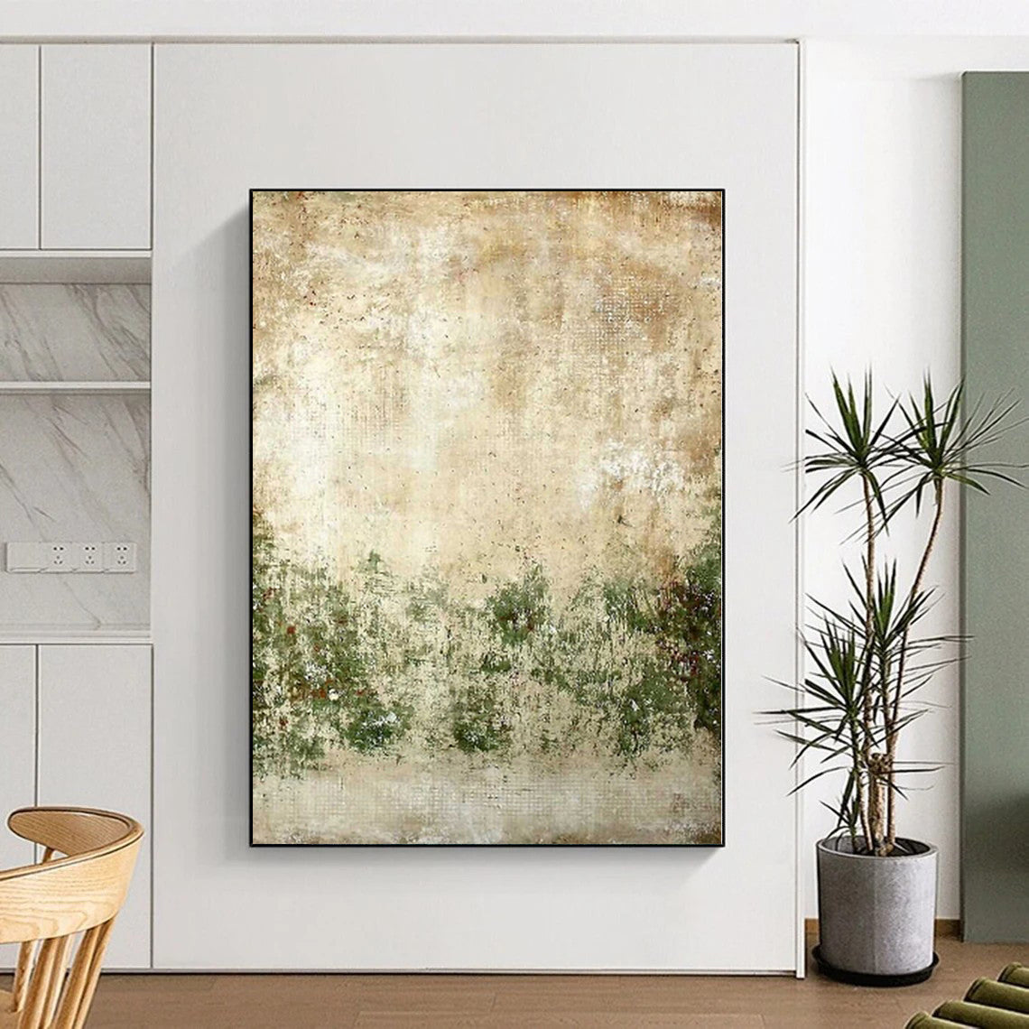 Hand Painted Art Beige and Green Abstract Textured Landscape Painting For Sale HS073
