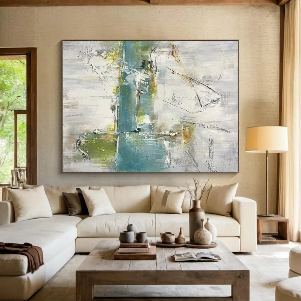 Large Painting In Living Room Gray, Blue, and Green Textured Abstract Art HS609
