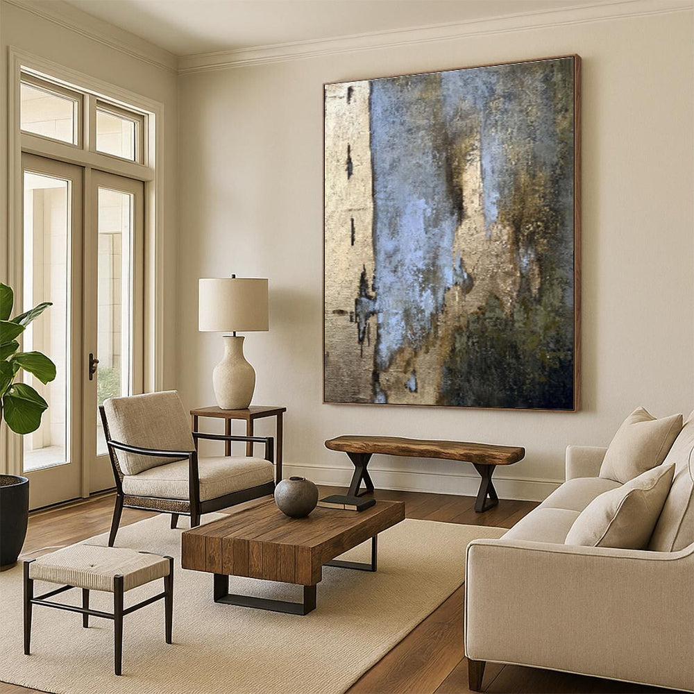 Large Contemporary Wall Art Neutral Tones with Blue and Gold Accents Abstract Art HS648