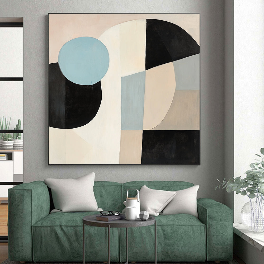 Handmade Art Beige, Black, and Blue Abstract Geometric Painting For Sale HS167