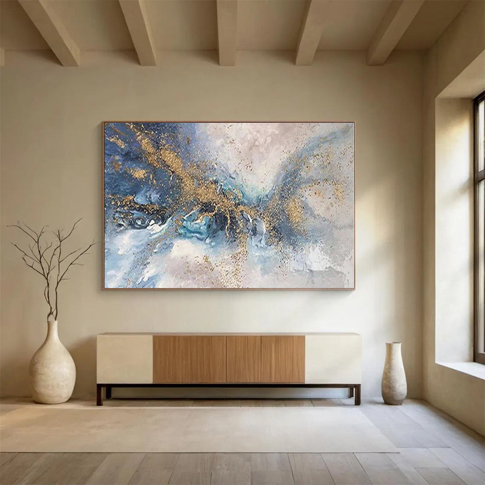 Big Size Blue, Gray and Gold Abstract Fluid Painting WB155
