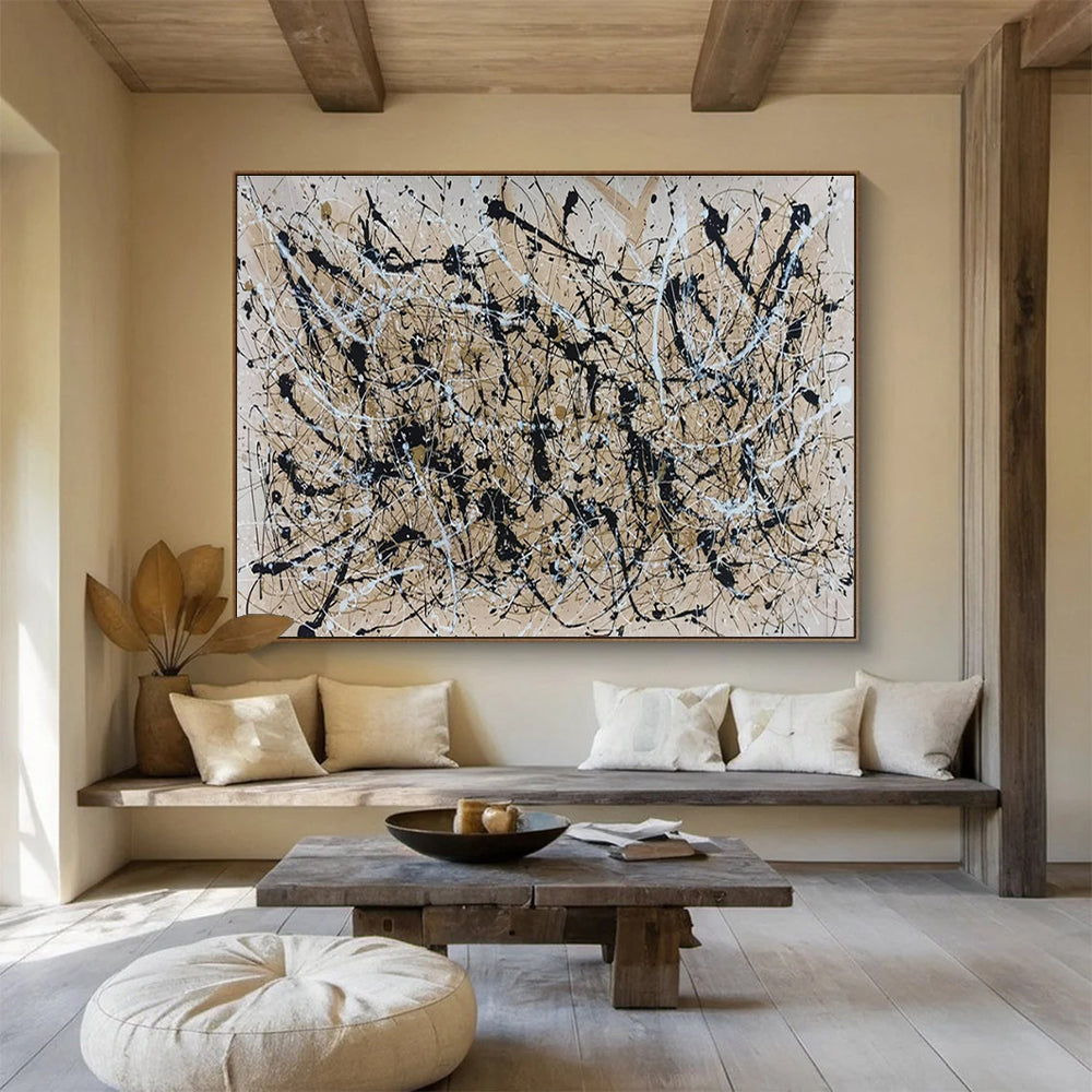 Acrylic Modern Art Paintings: Black Beige and White Splatter Abstract Painting WB364