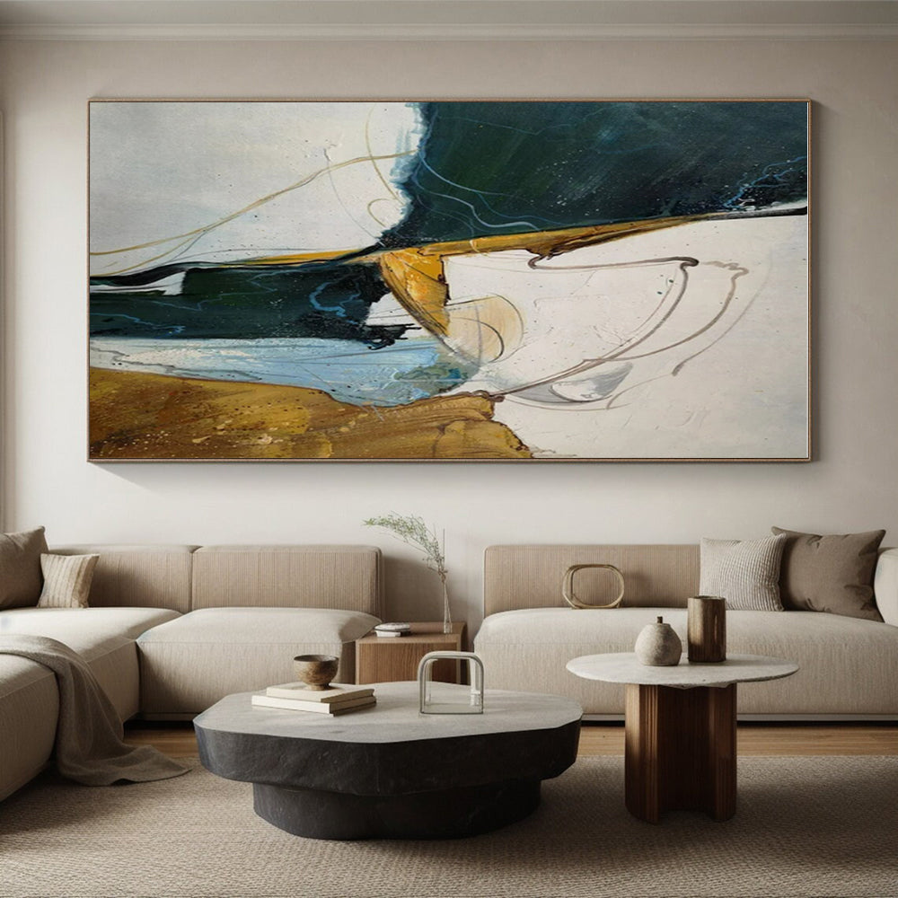 Unique Abstract Art Green, Gold, and White Dynamic Abstract Painting On Canvas HS810