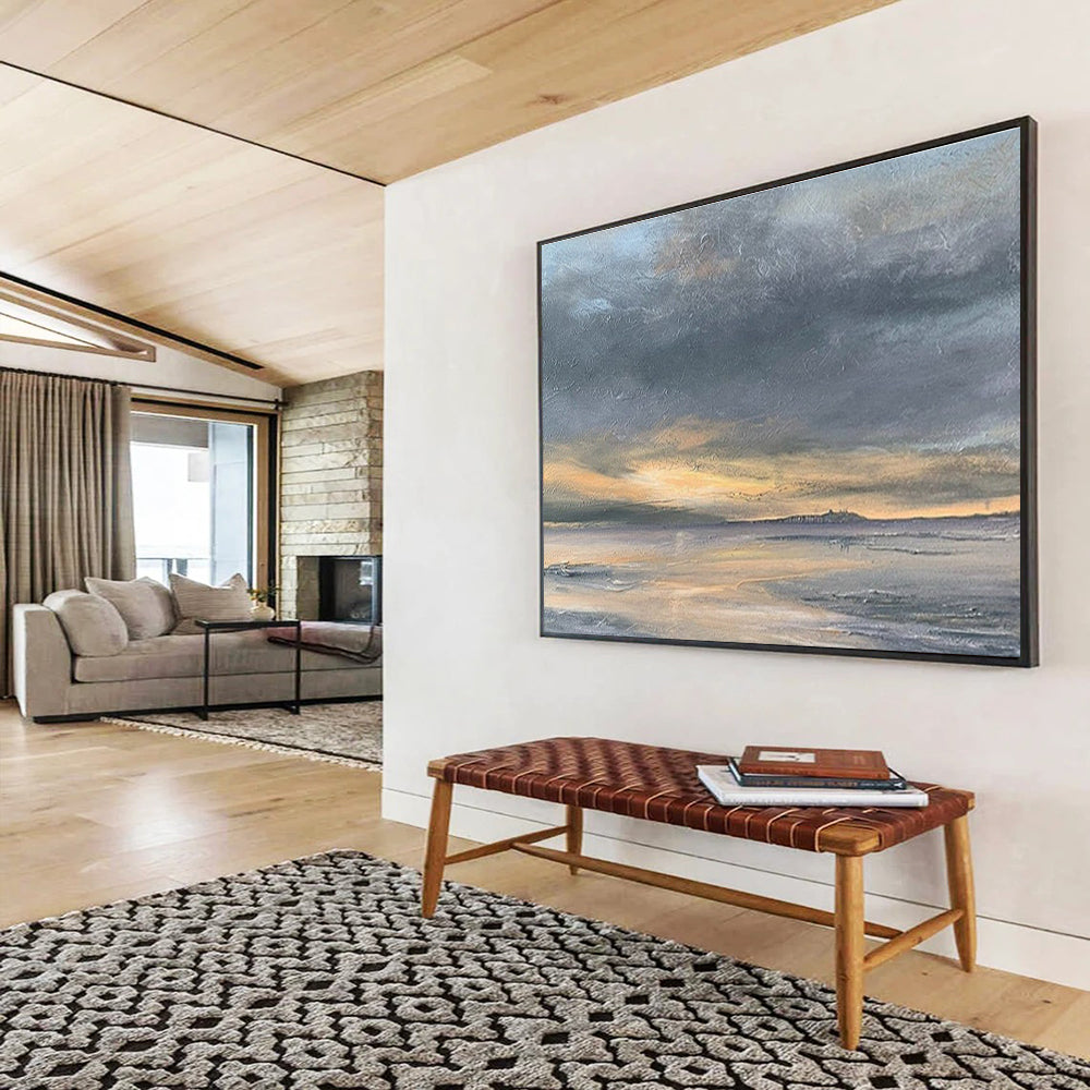 Horizontal Gray, Orange, and Multicolor Abstract Coastal Sunset, Abstract Oil Painting WB181