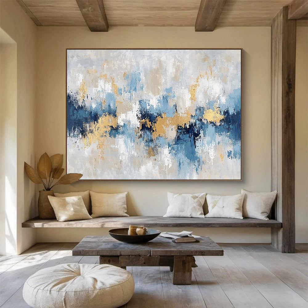 Horizontal Blue, Gray, and Gold Textured Abstract Painting WB263