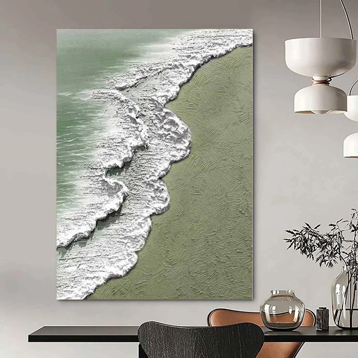 Green, White Abstract Seascape Art For Bathroom and Coastal-Themed Living Room WS422