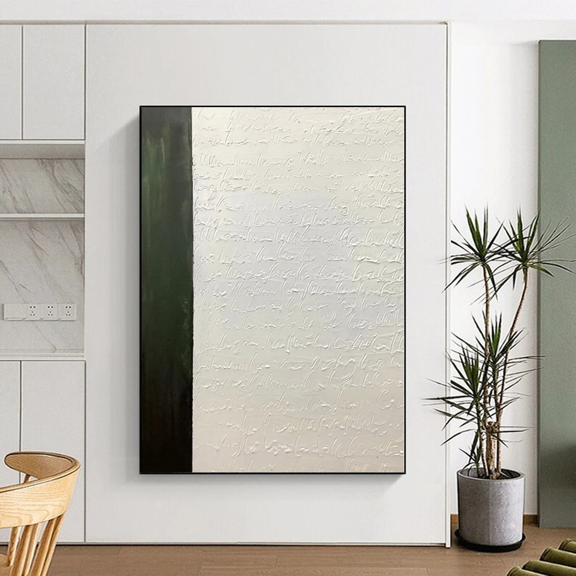 Hand-Painted Green and White Abstract Textured Script Painting For Sale HS041
