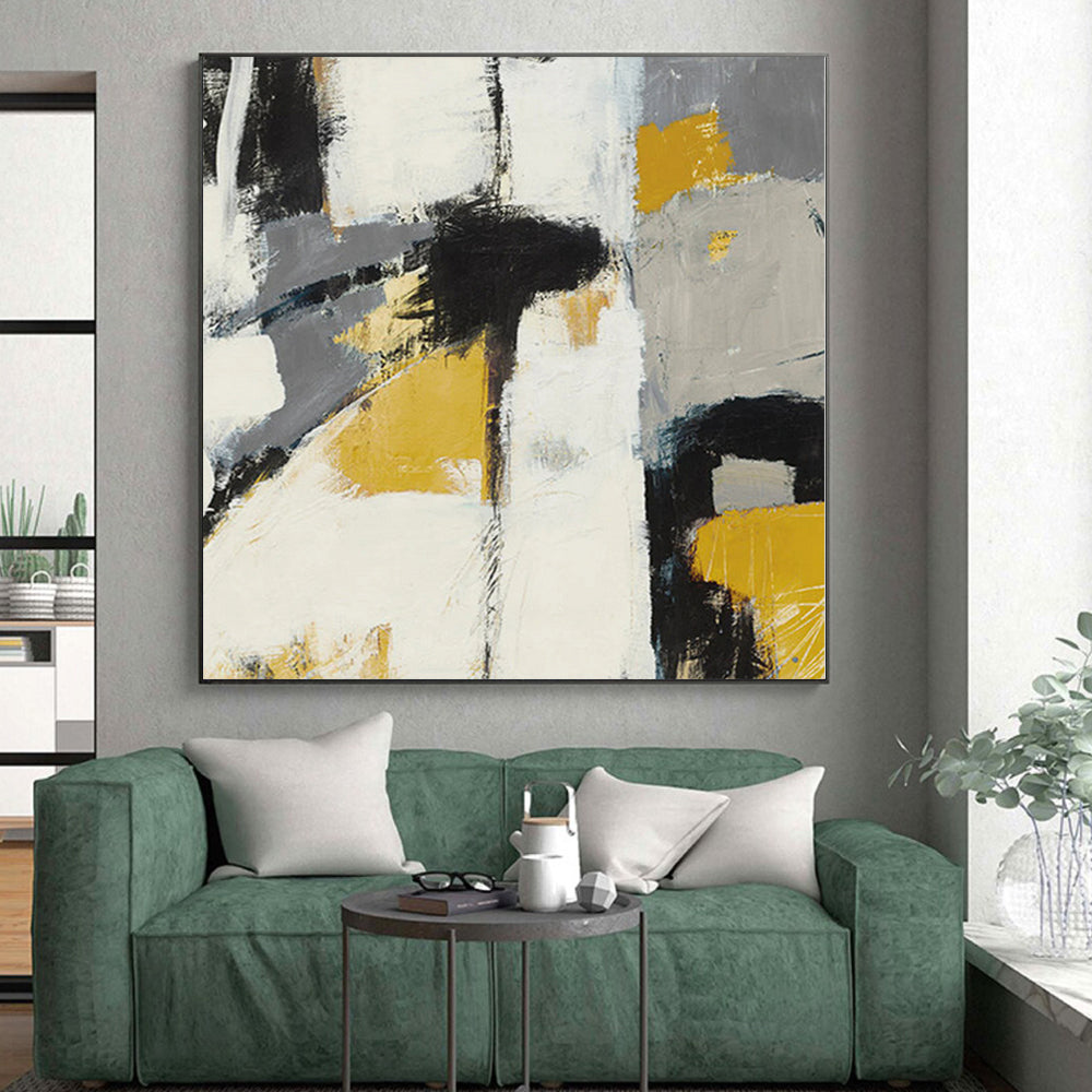 Huge Size Gray, Yellow, and Black Abstract Expressive Painting For Sale HS089