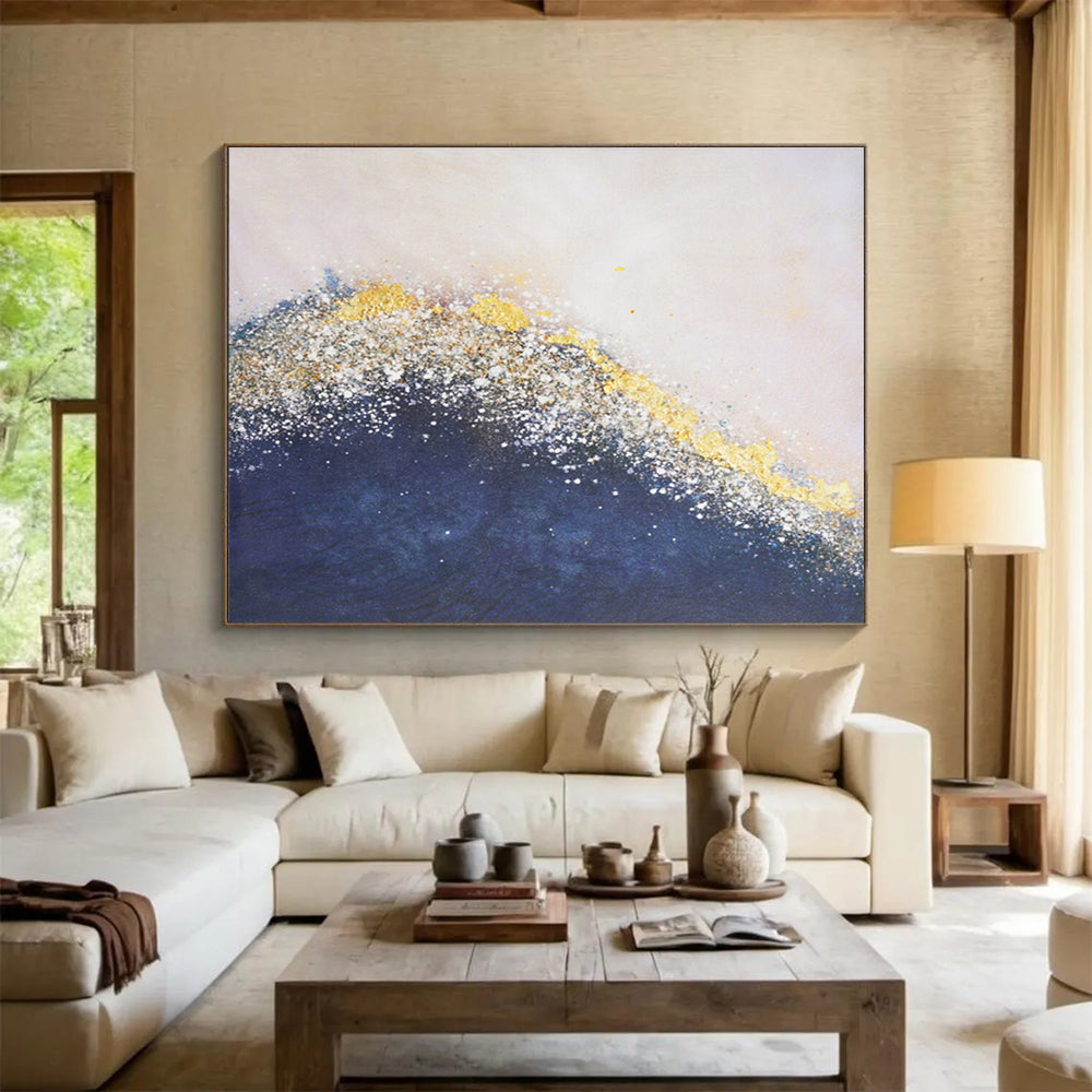 Oversized Canvas Art in Blue and Gold Textured Abstract Style WB234