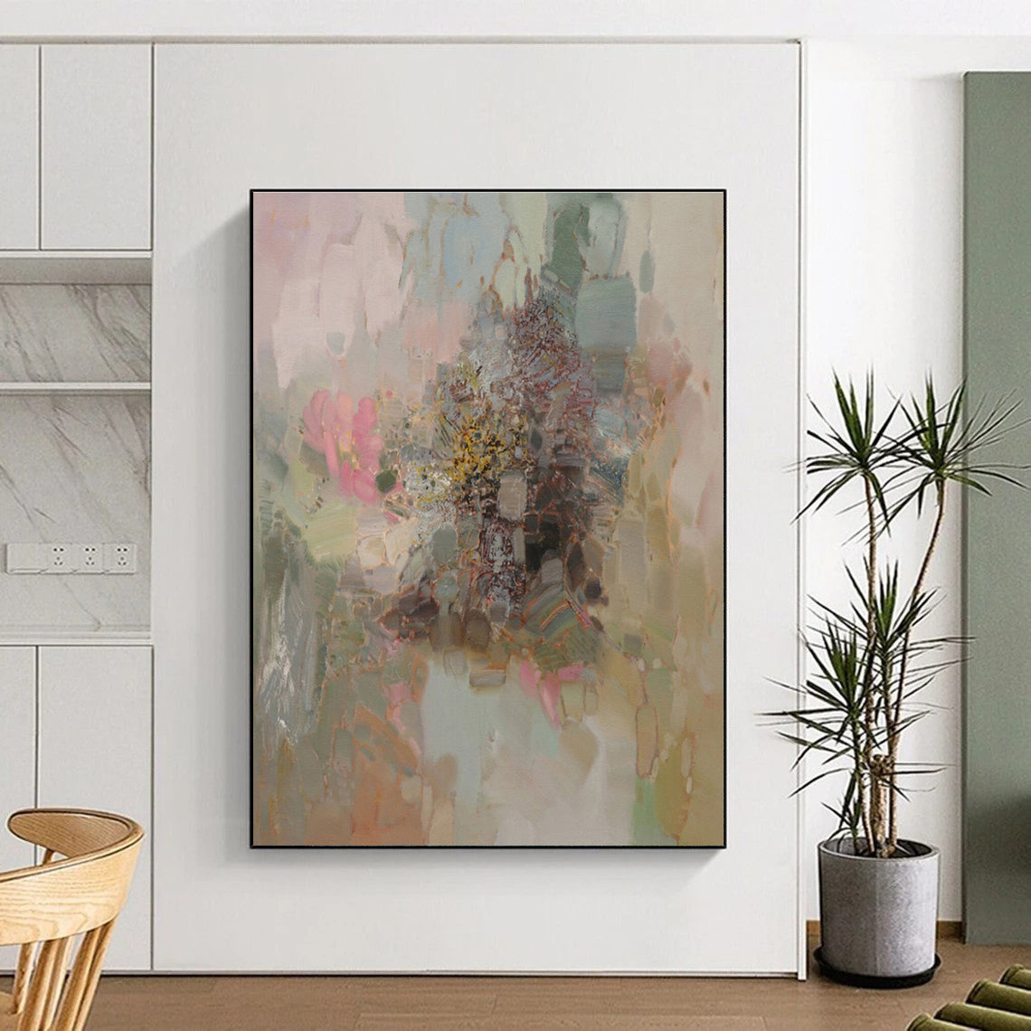Unique Abstract Art Pink, Green, and Beige Floral Abstract Art HS714