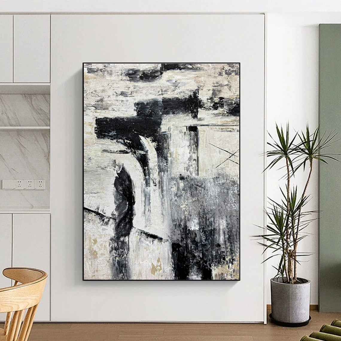 Large Contemporary Wall Art Black, White, and Gold Textured Abstract Art HS725