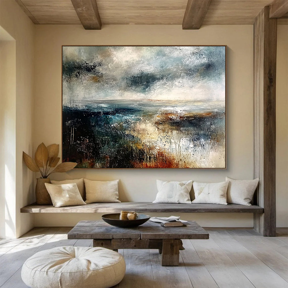Extra Large Size Gray, Blue, and Brown Abstract Stormy Seascape - Acrylic Painting WB279