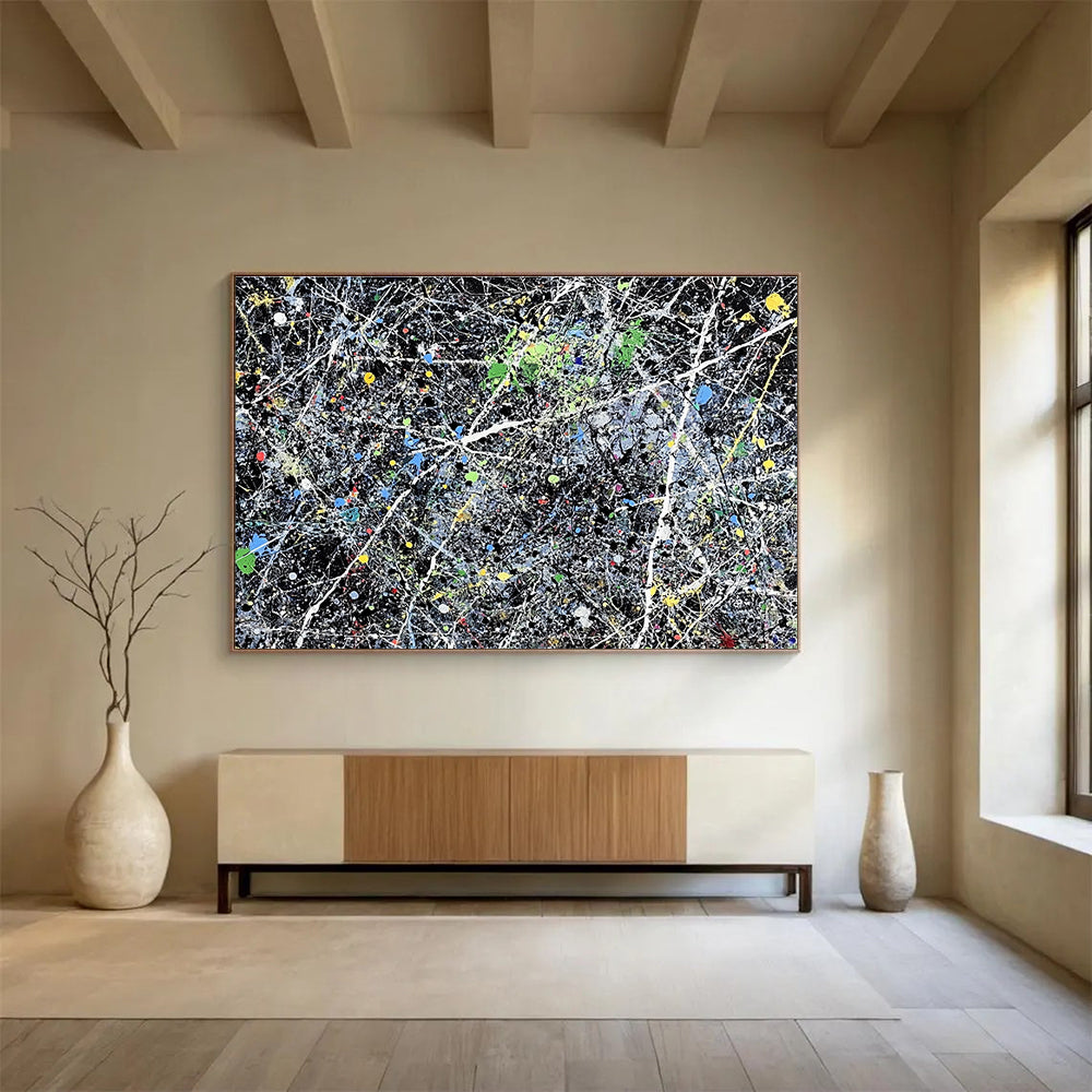 Contemporary Abstract Art with Multicolored Splatters and Black Background, Pollock - Style Abstract Theme WB311
