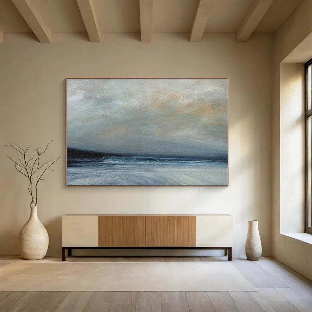 Horizontal Gray, Blue, and White Abstract Stormy Sea Scene, Abstract Oil Painting WB180