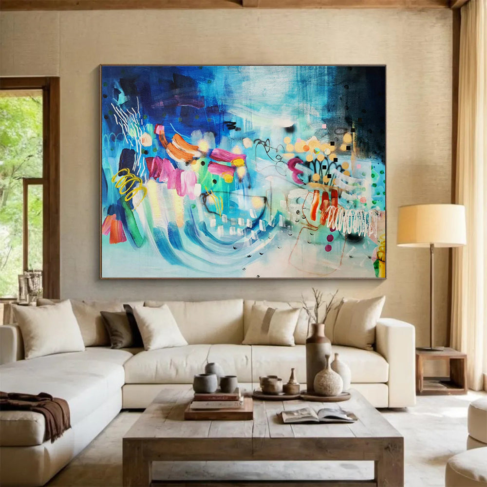 Contemporary Abstract Painting Vibrant Blue and Multicolor Whimsical Abstract Painting WB334