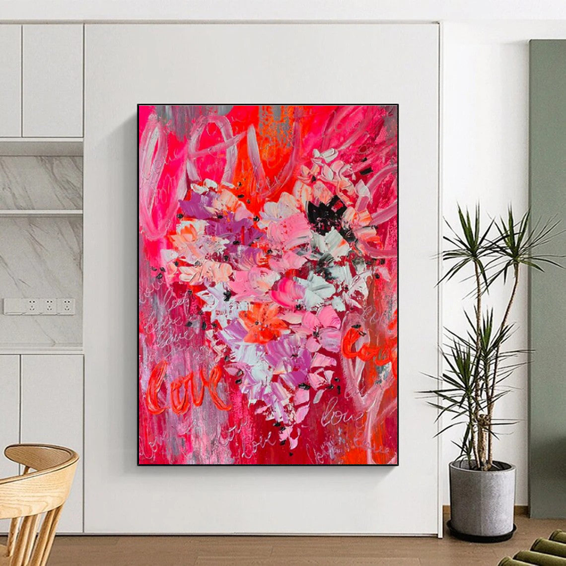 Unique Abstract Art Red, Pink, and Gray Floral Abstract Art with “Love” Accents HS719