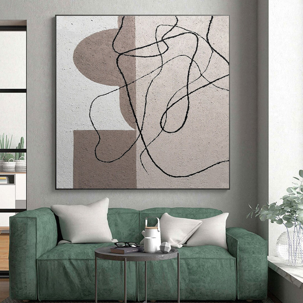 Cool Abstract Paintings Neutral Tones with Black Linear Abstract Art HS676