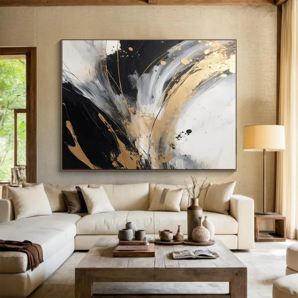 Cool Abstract Paintings Black, White, Gold, and Gray Dynamic Abstract Art HS594