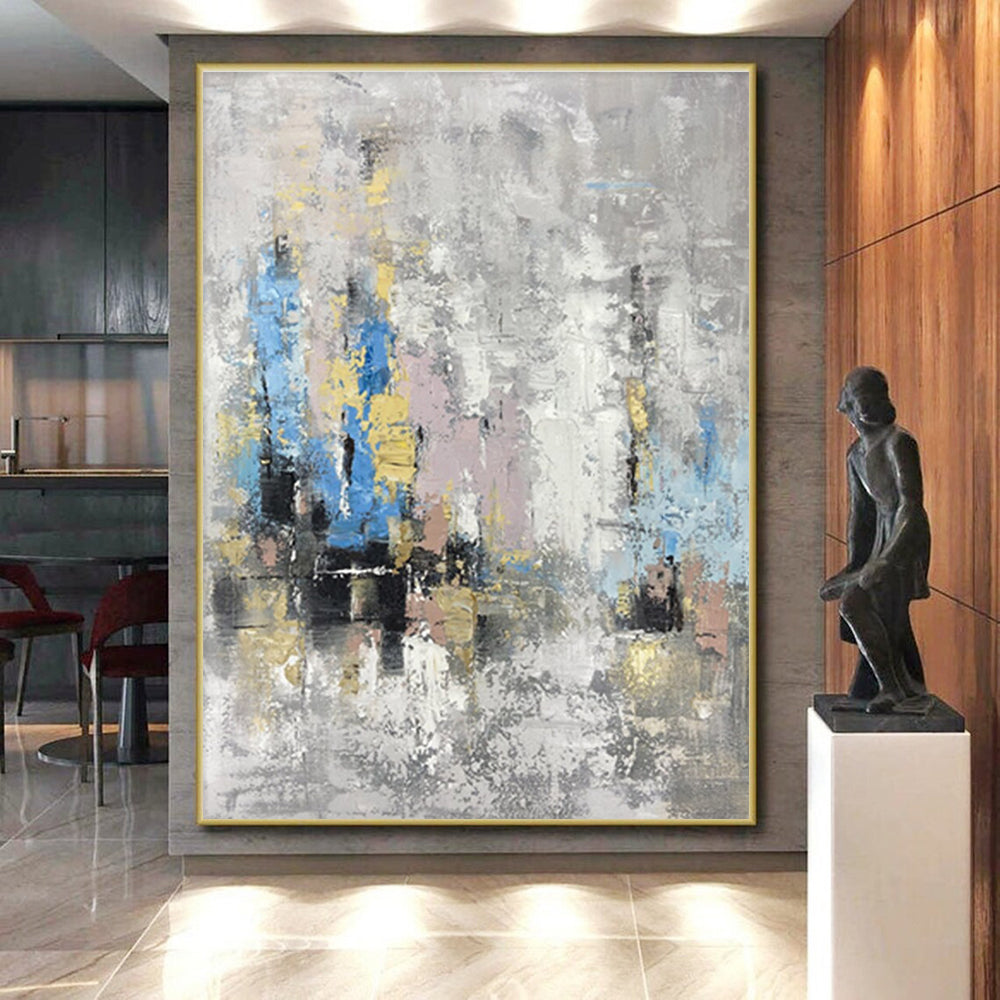 Hand Painted Art Gray, Blue & Gold Textured Abstract, Large Painting In Living Room HS244