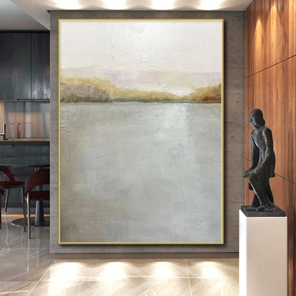 Hand Painted Art Gray and Beige Abstract Lakeside Painting For Sale HS082